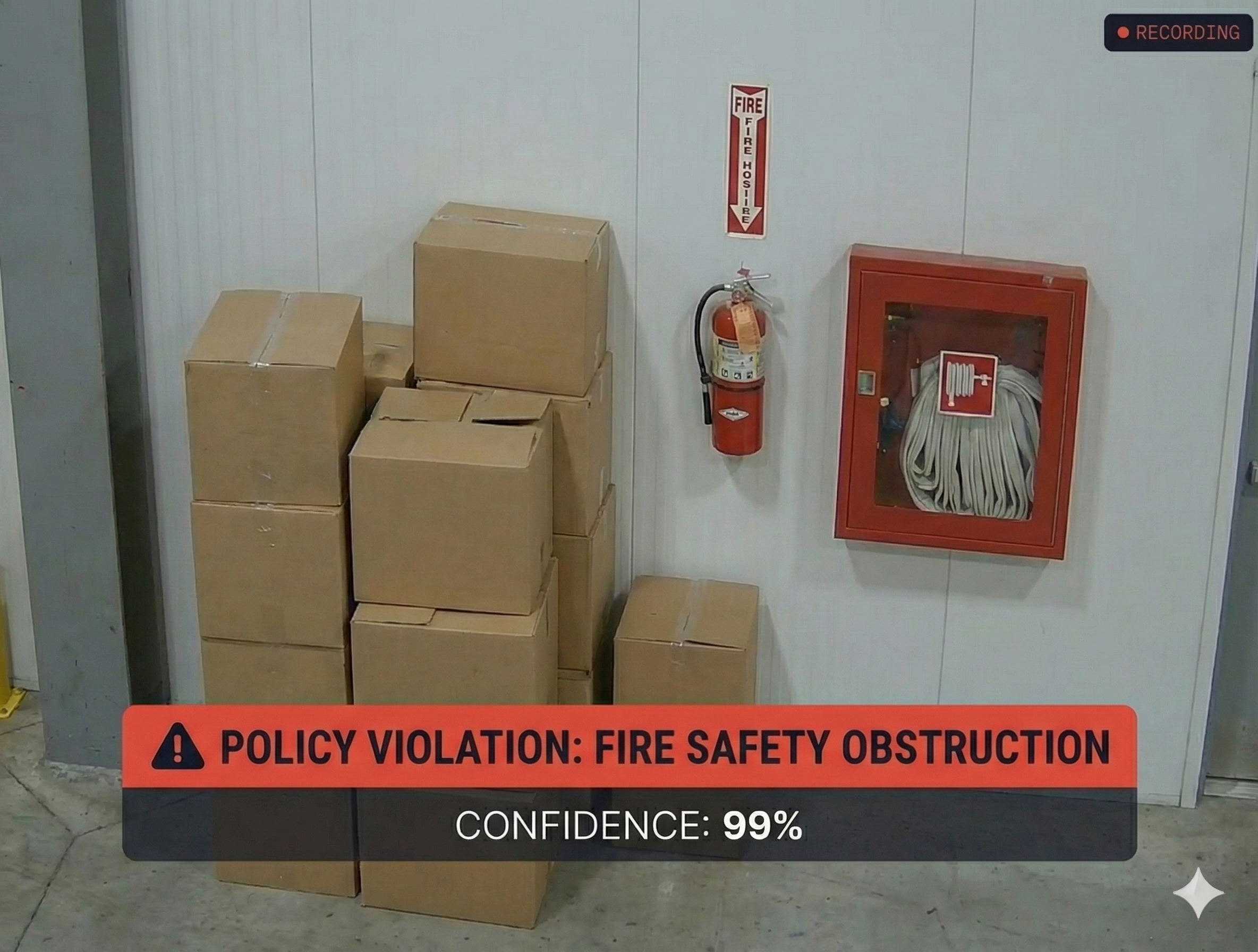 CCTV camera feed showing a blocked fire exit with stacked boxes obstructing emergency evacuation route in warehouse aisle 4